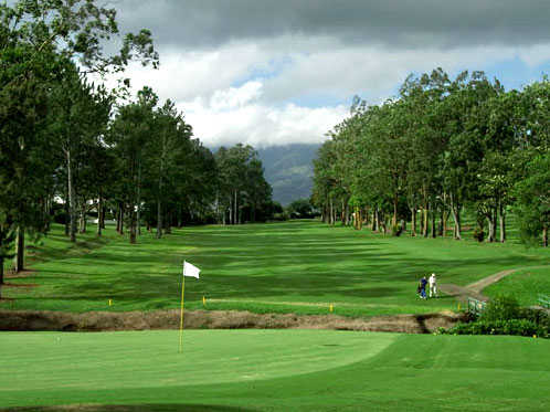 green golf fairway lined with trees under cloudy mountain backdrop