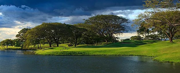 scenic golf course with large trees and calm water under cloudy sky